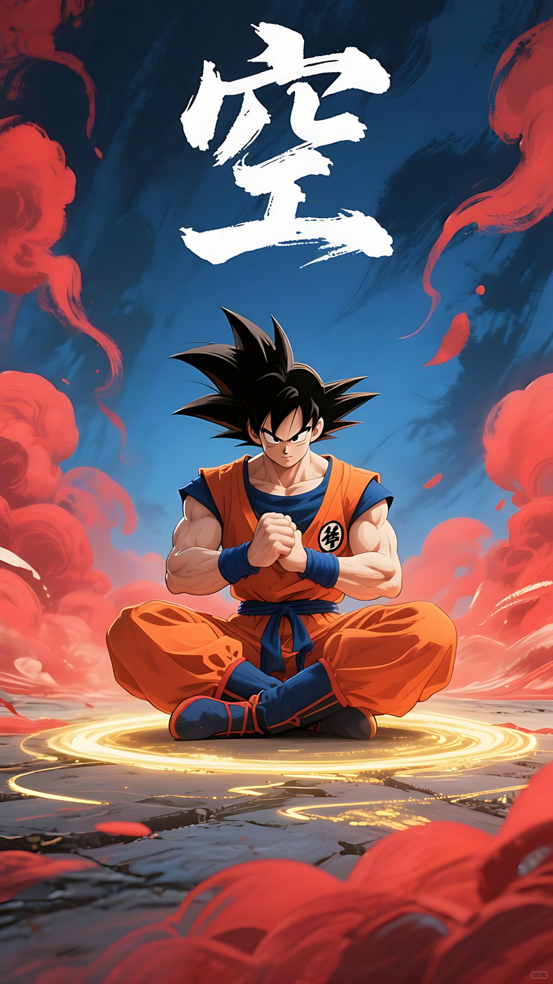 Anime wall poster of Goku meditating in orange gi with crossed hands and blue aura