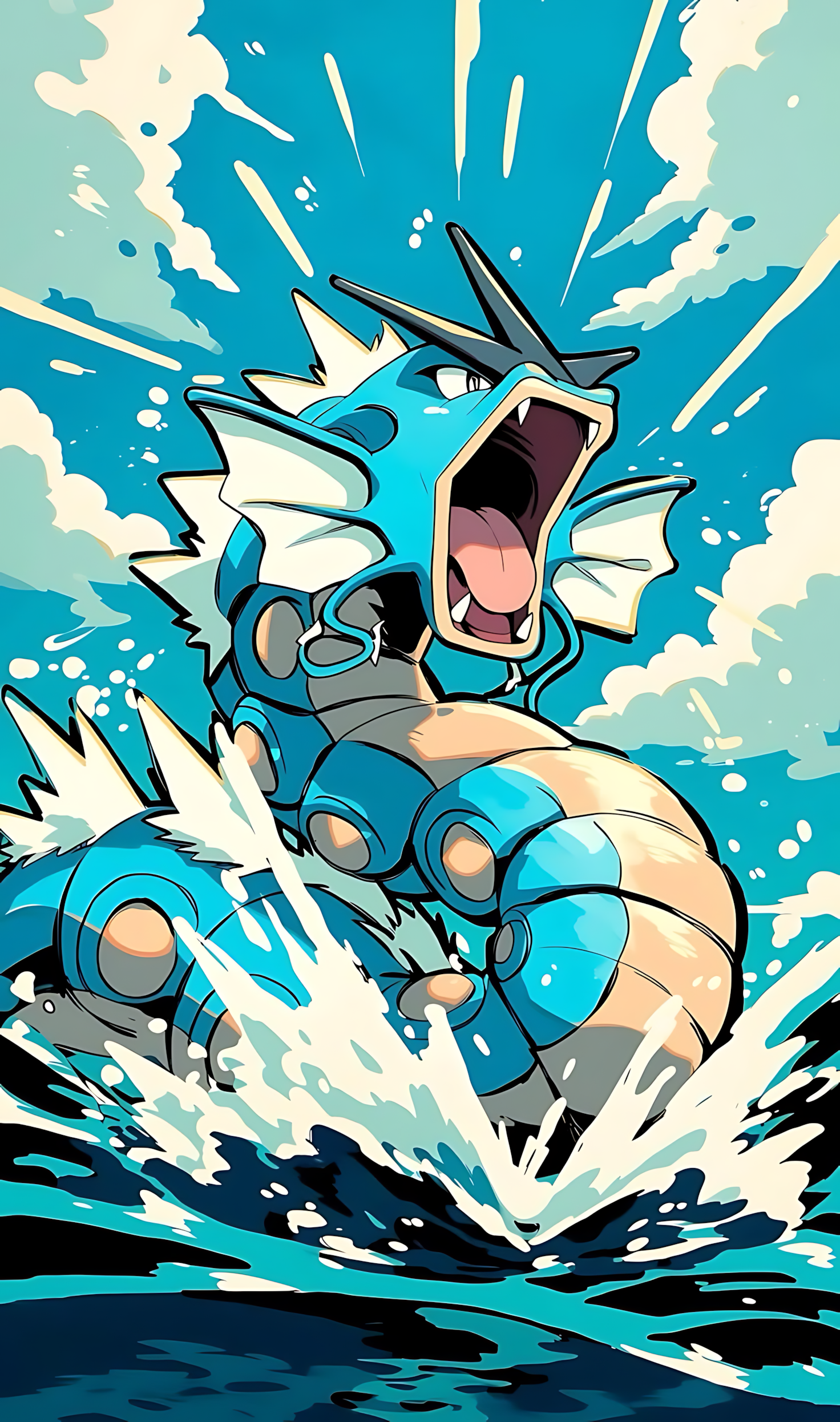 Gyarados ocean breach roar poster, blue dragon with open mouth and splash artwork