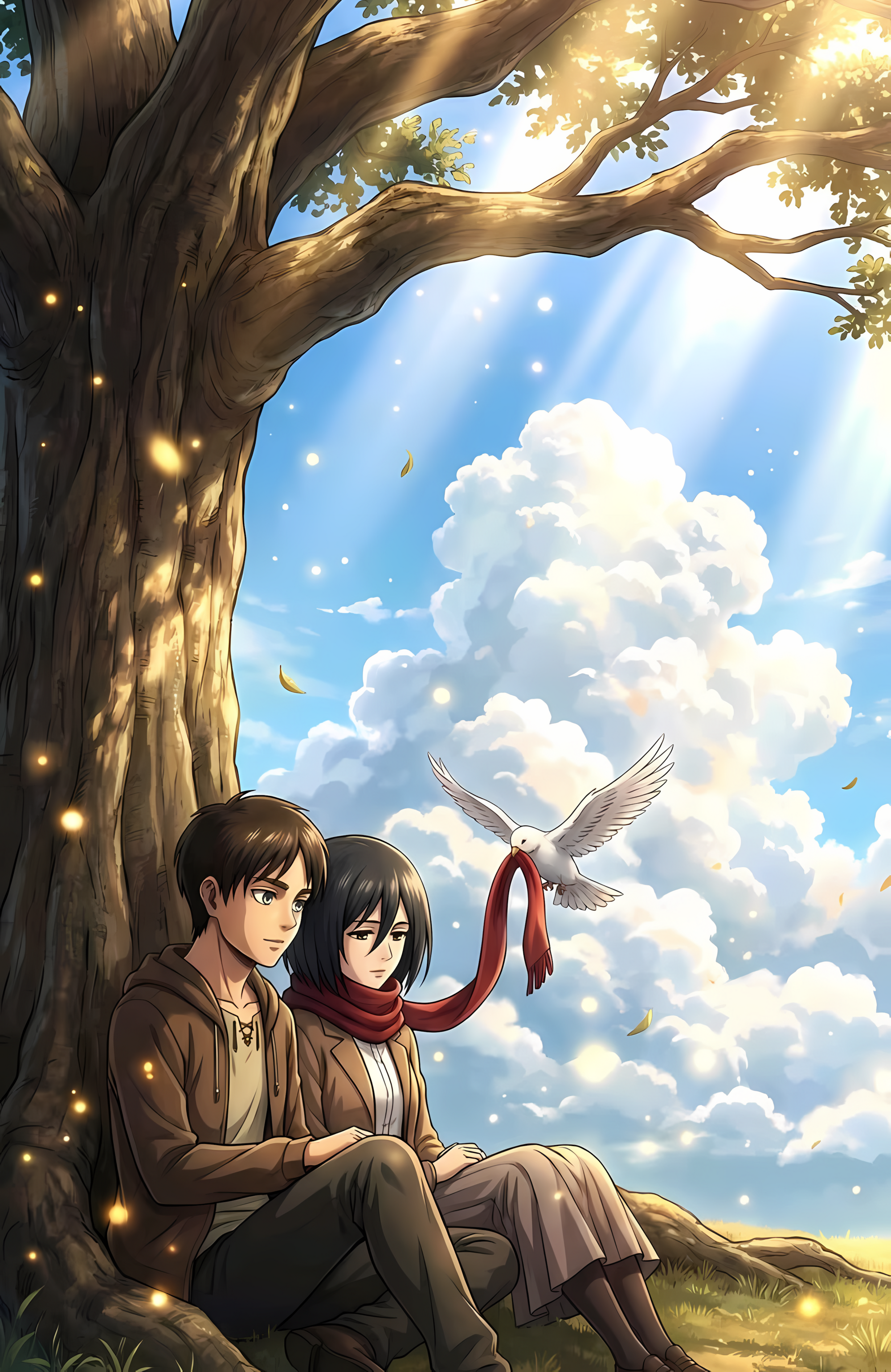 Anime poster of two characters sitting under a tree, with bird soaring in sky