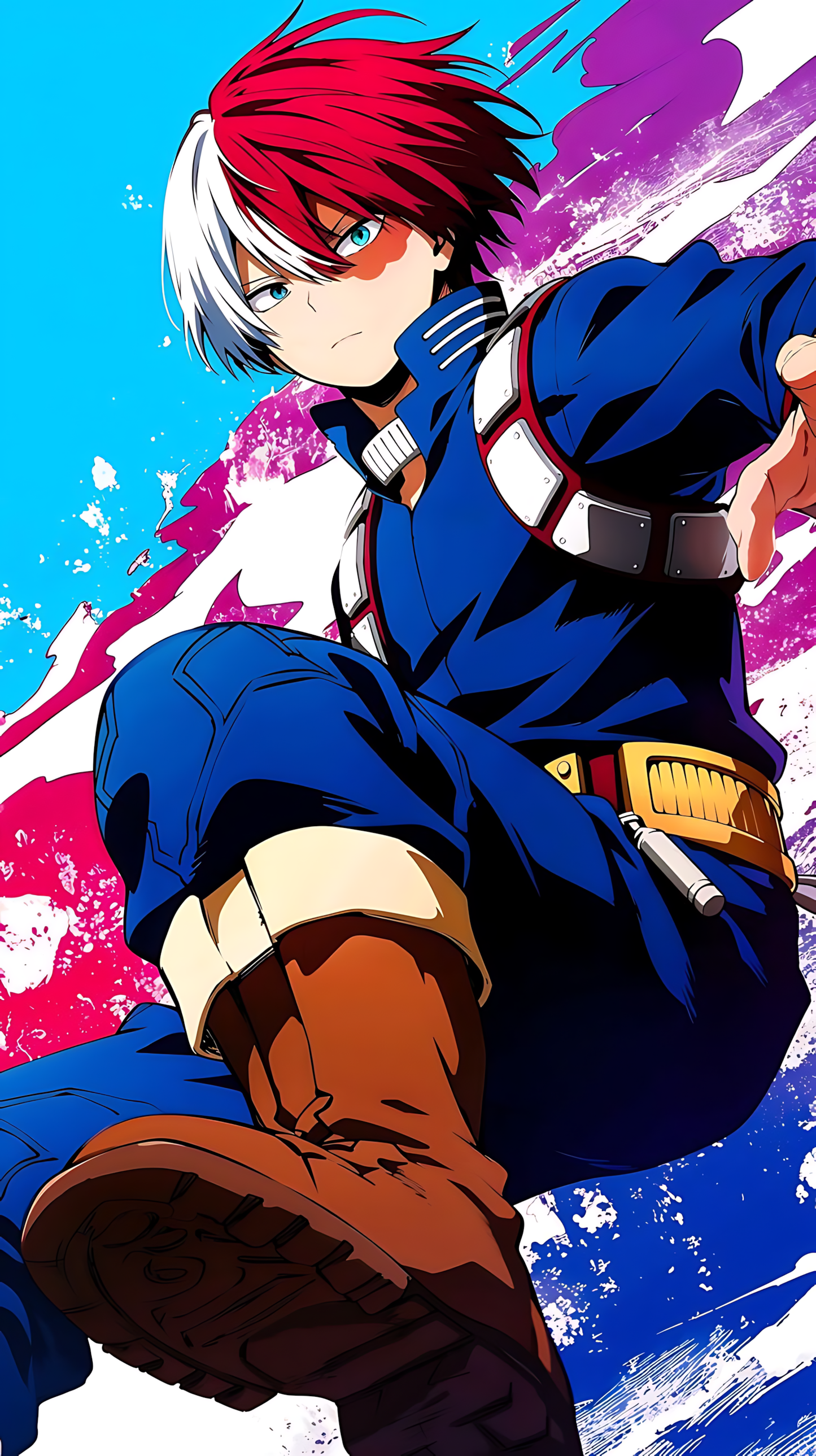 Anime hero poster with red-haired character in blue suit, dynamic running pose