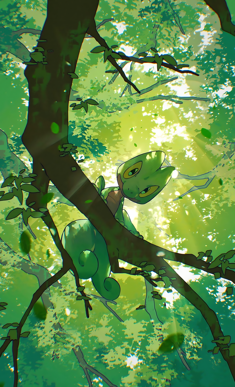 Green Treecko on leafy branch canopy rest poster with bright sunburst light