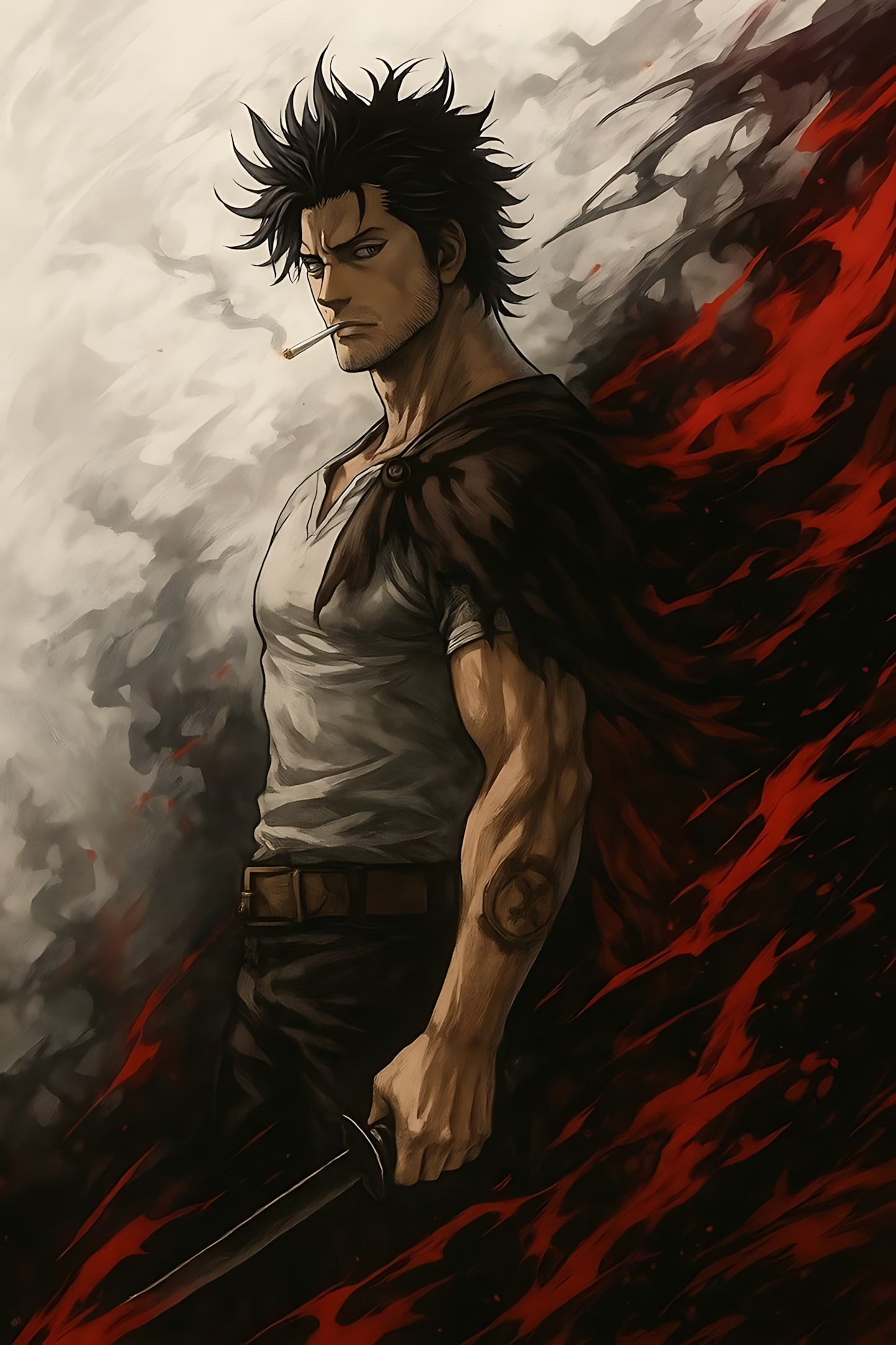 Anime katana poster featuring Yami Sukehiro in dark coat, smoke and fiery red aura