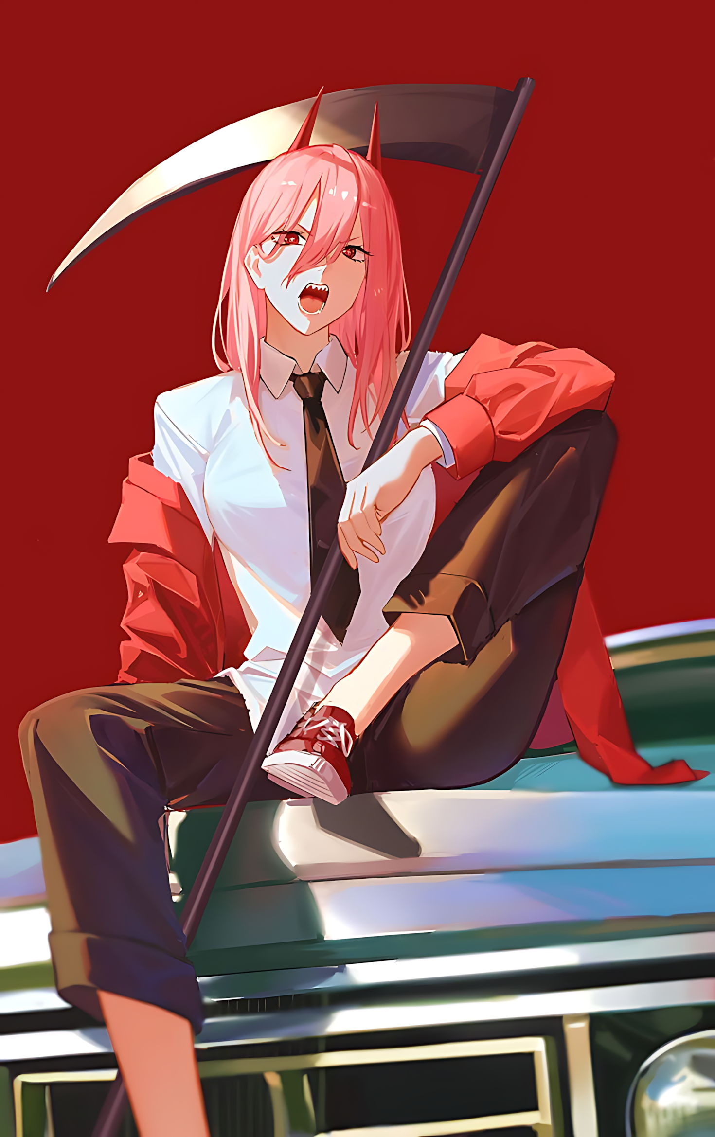 Anime wall art poster of pink-haired girl holding a large scythe, white shirt and brown accents