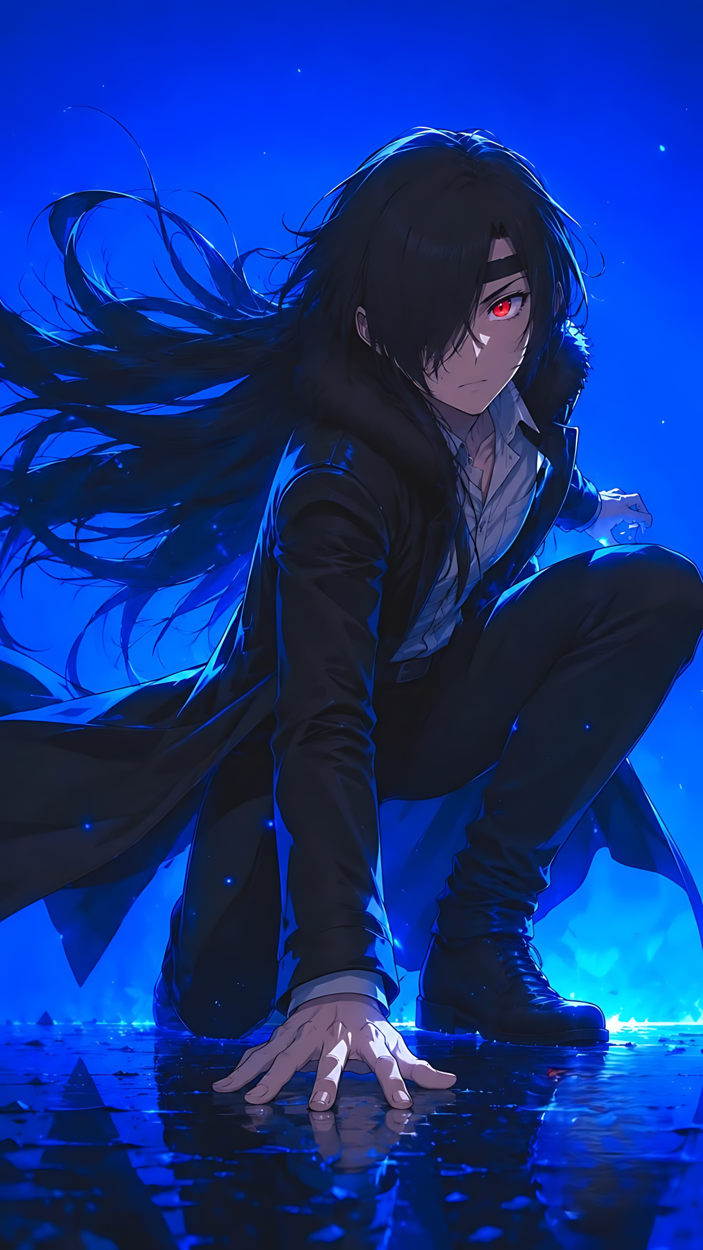 Crouching character poster with long dark hair, black outfit, and glowing eyes