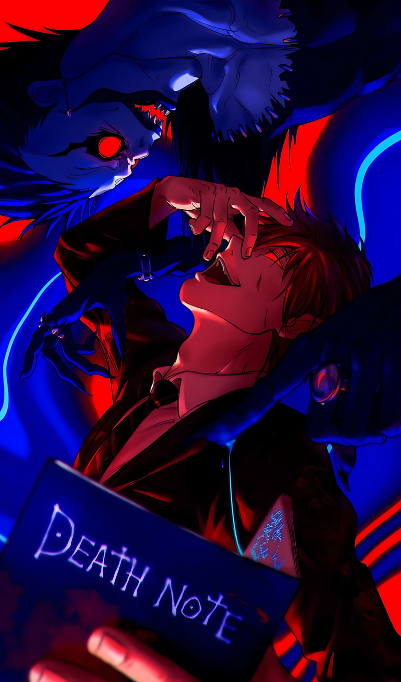 Neon chaos poster with anime characters, dark coats, red and blue neon glow.