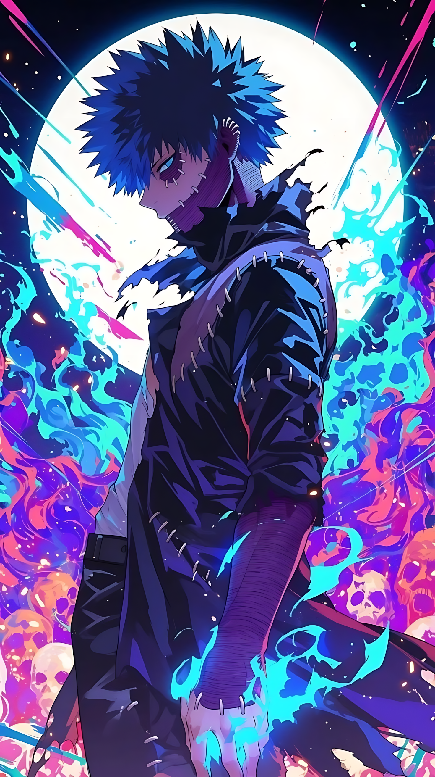 Blue-haired anime villain poster with blue flame effects and dark purple outfit, glossy print