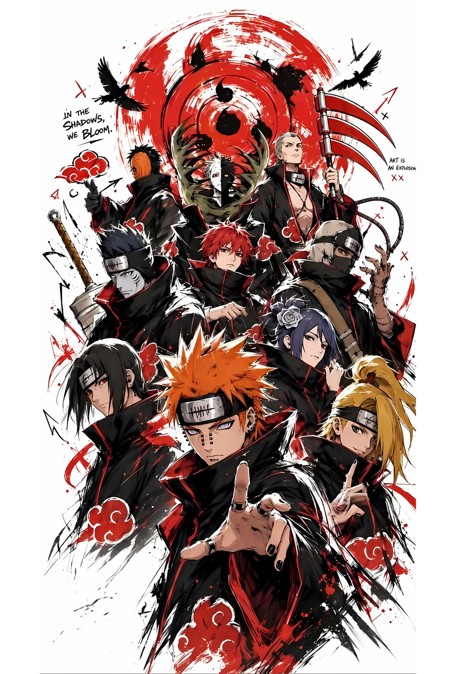 Anime ninja character poster with red mask and group lineup in black and red ink style