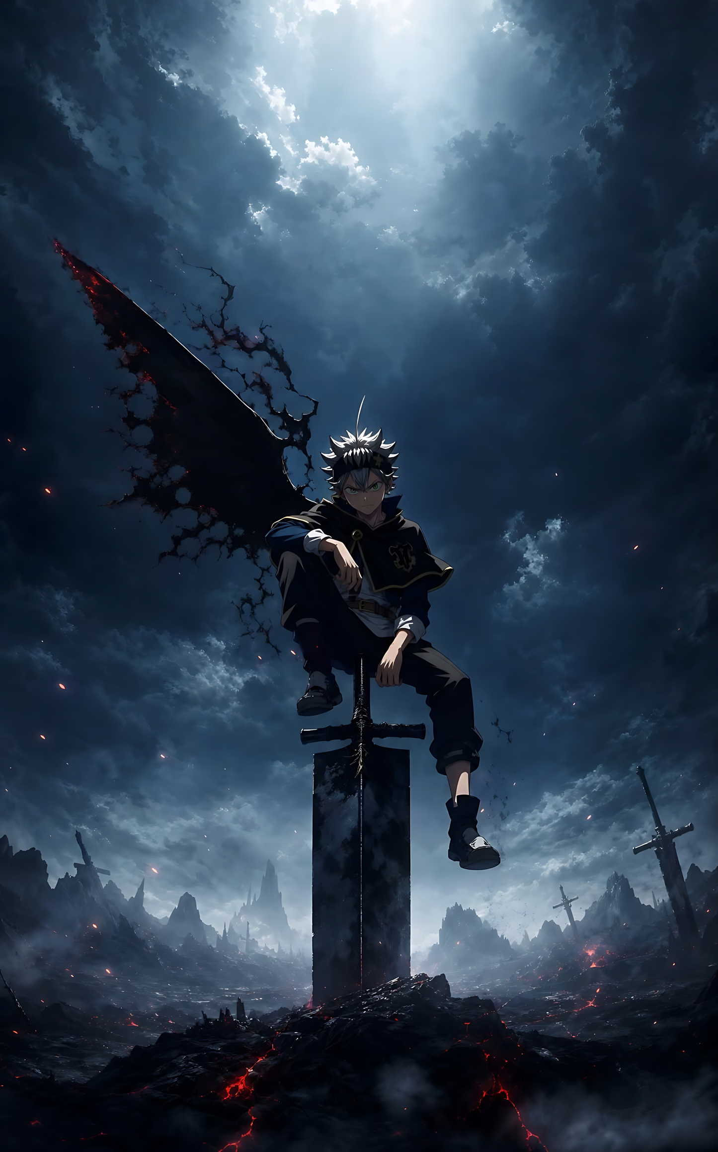 Asta character poster, standing on pedestal holding a sword in storm sky