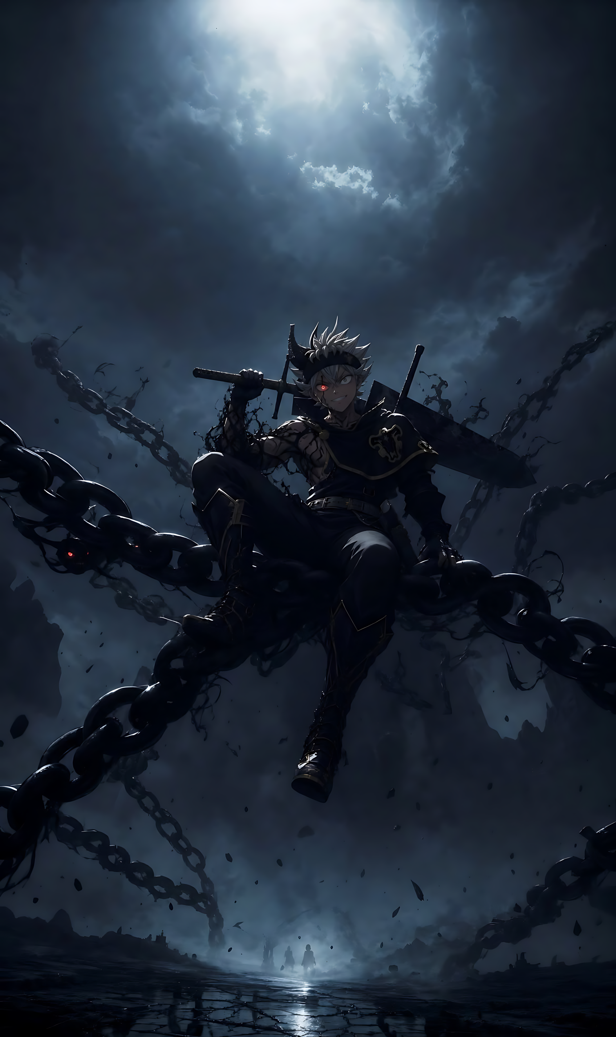 Dark fantasy poster featuring a warrior with spiked hair and heavy chains