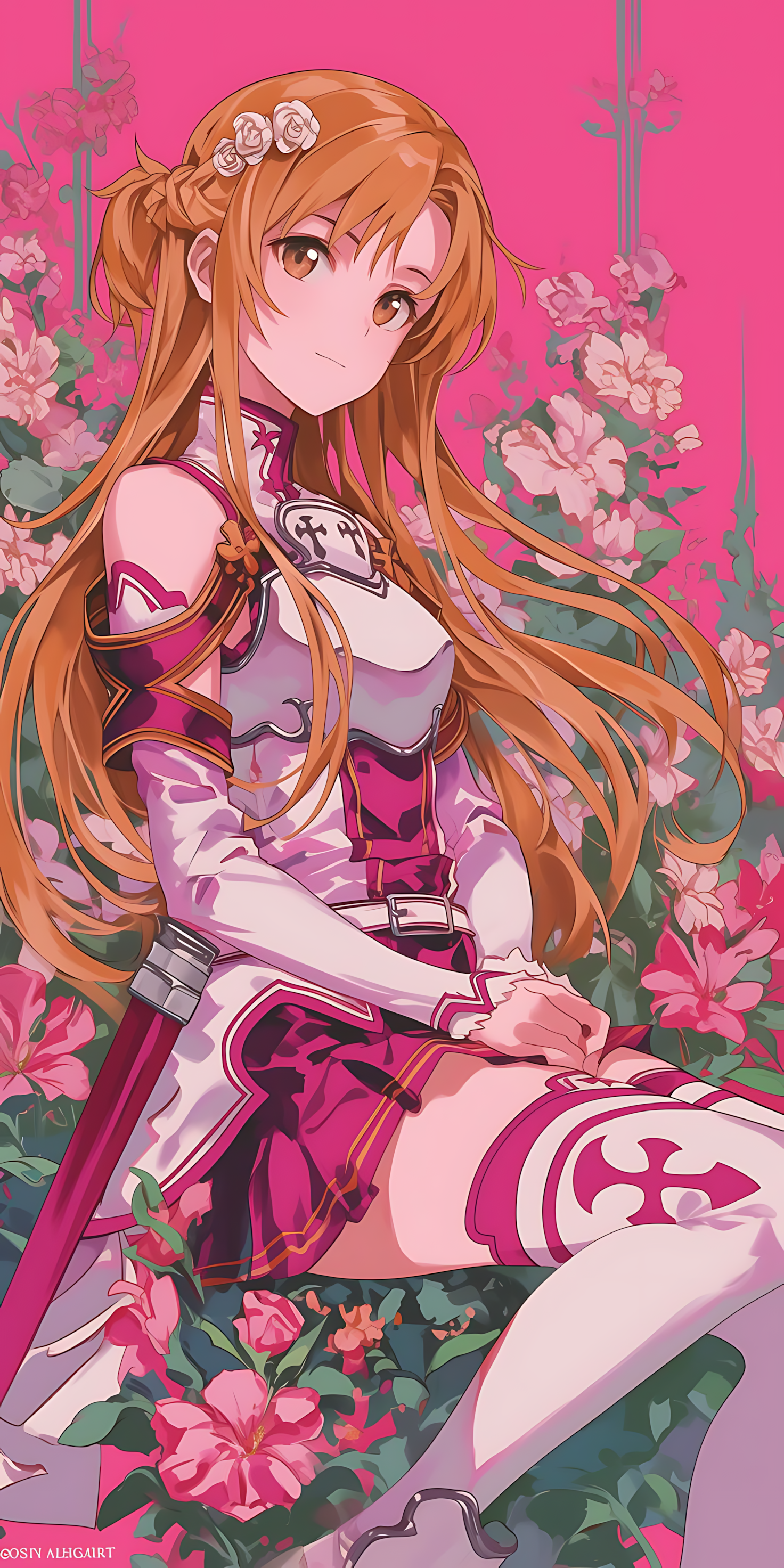 Crimson blossom grace poster with anime girl holding a sword, surrounded by pink flowers