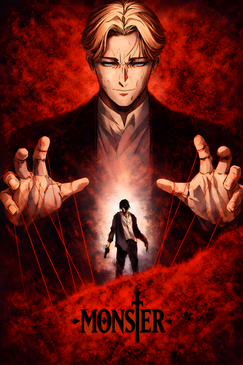 Monster anime poster with two men and red strings, 'MONSTER' title at bottom