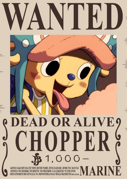 Wanted poster print of anime Chopper with tan hat and "Dead or Alive"