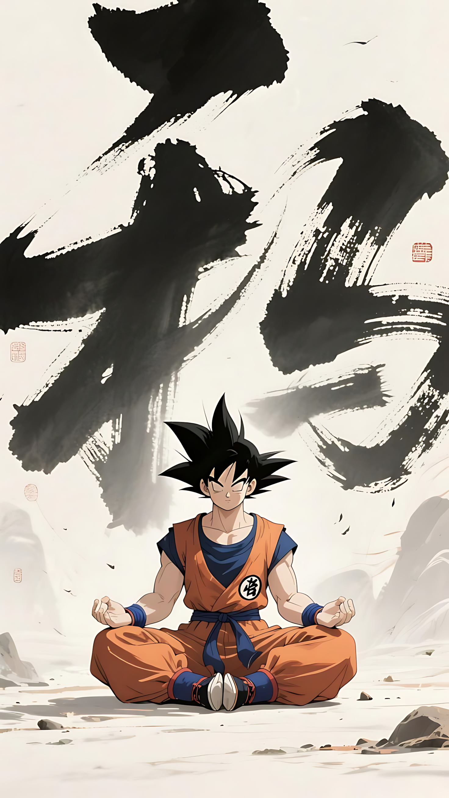 Anime zen master calligraphy poster with meditating Goku in orange and blue gi