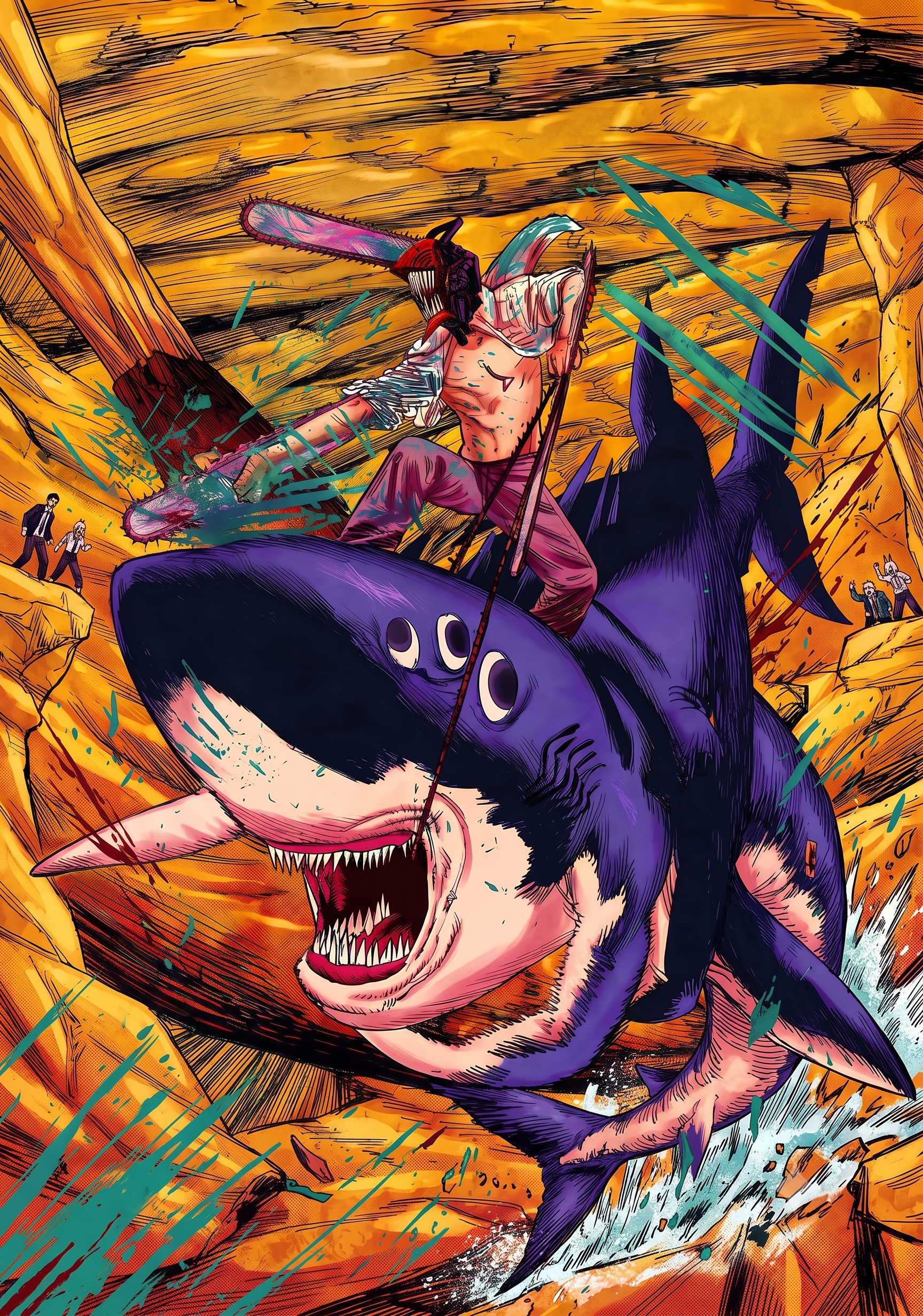 Chainsaw Man shark rider action poster showing a rider on a purple shark with dynamic pose