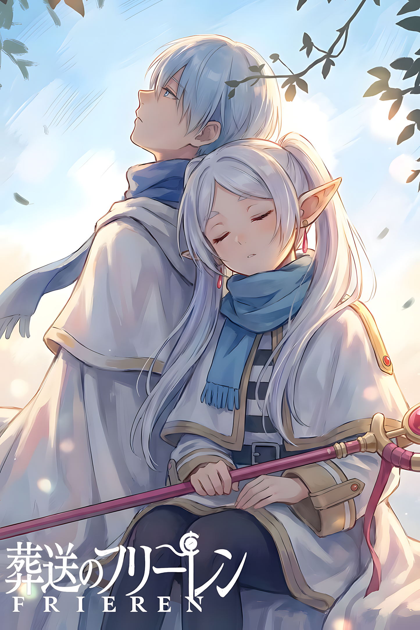 Anime fantasy poster with two characters embracing, blue clothing, and a sword