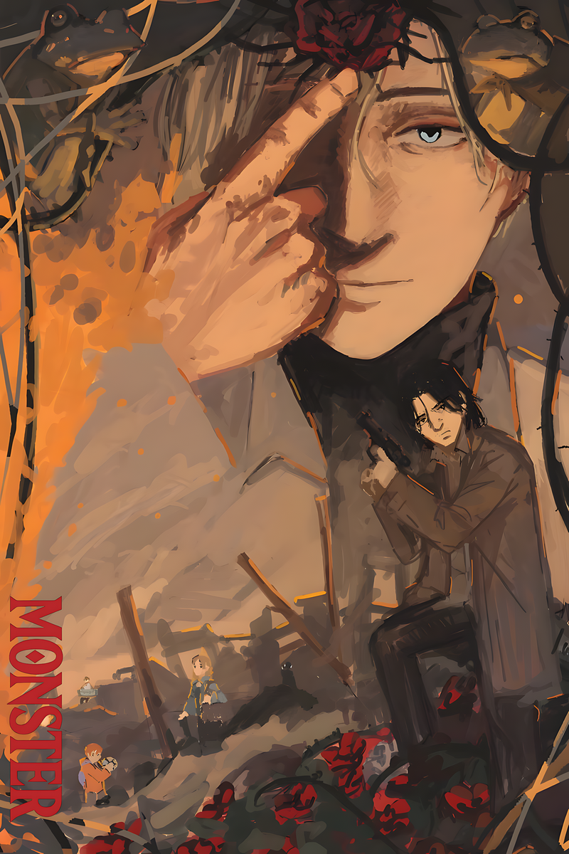Anime character art poster with close-up face, gun, and MONSTER title text
