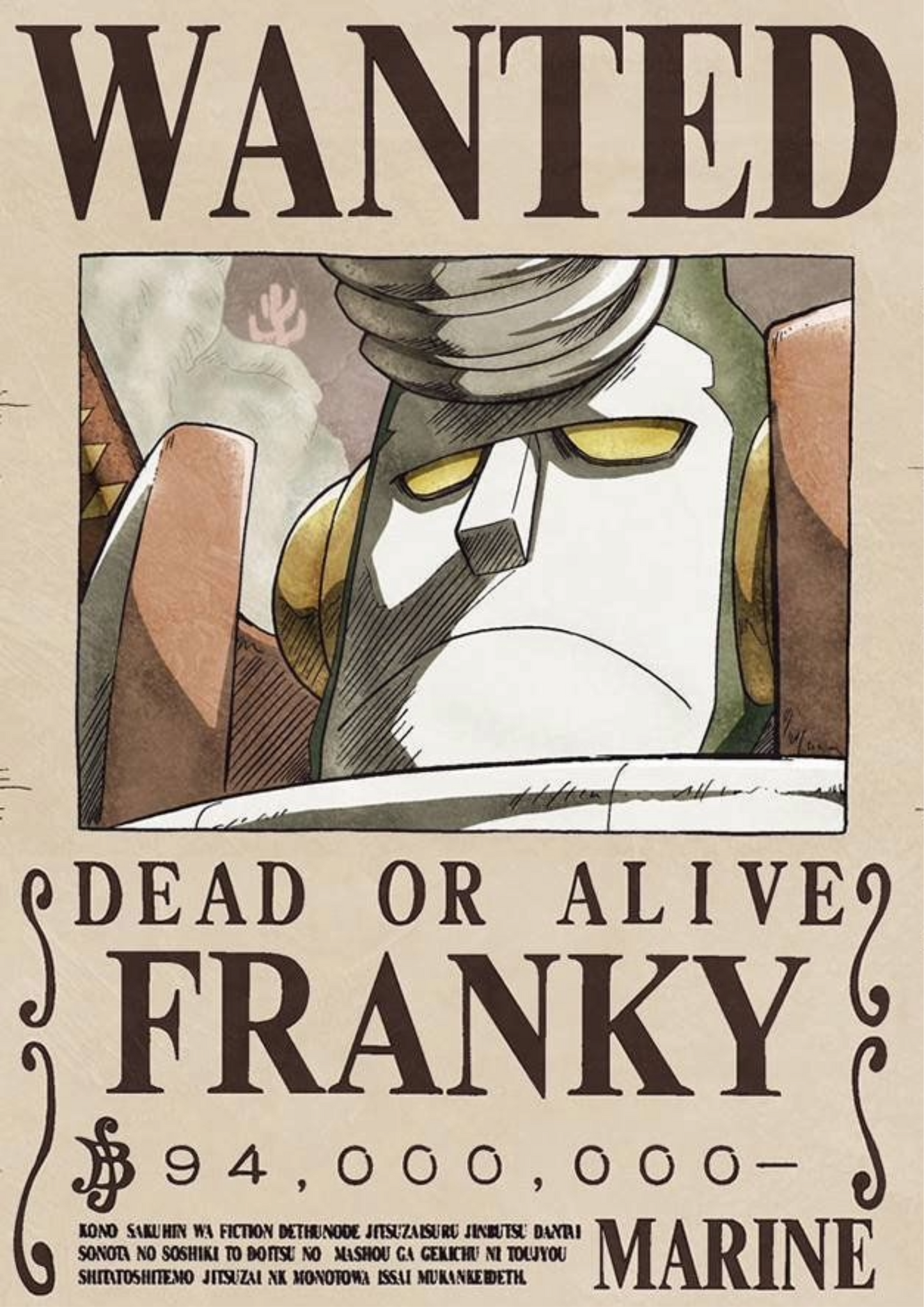 Wanted poster print of anime Franky with slicked hair and "Dead or Alive"