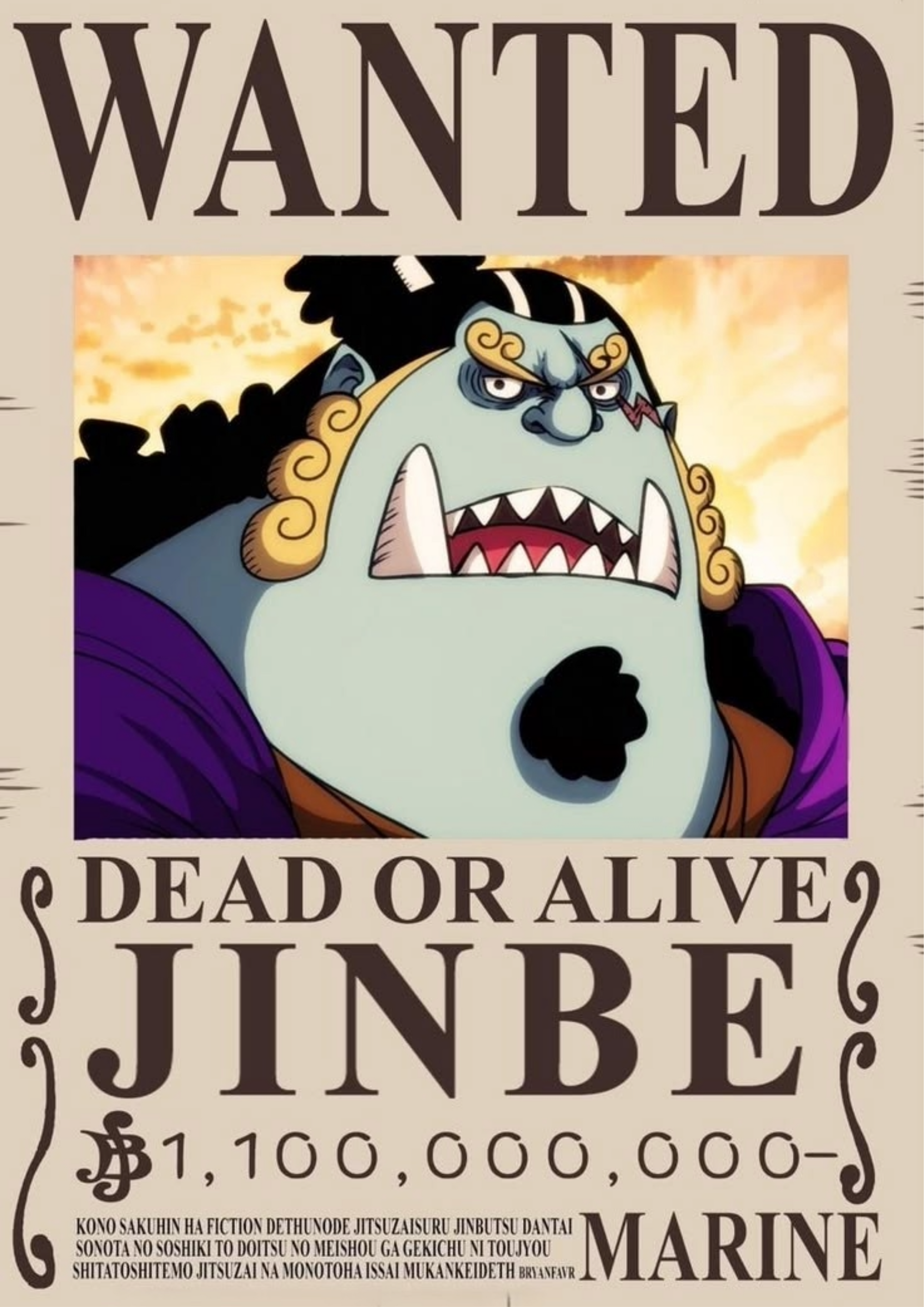 Wanted poster print of anime Jinbe with shark-like smile and "Dead or Alive"
