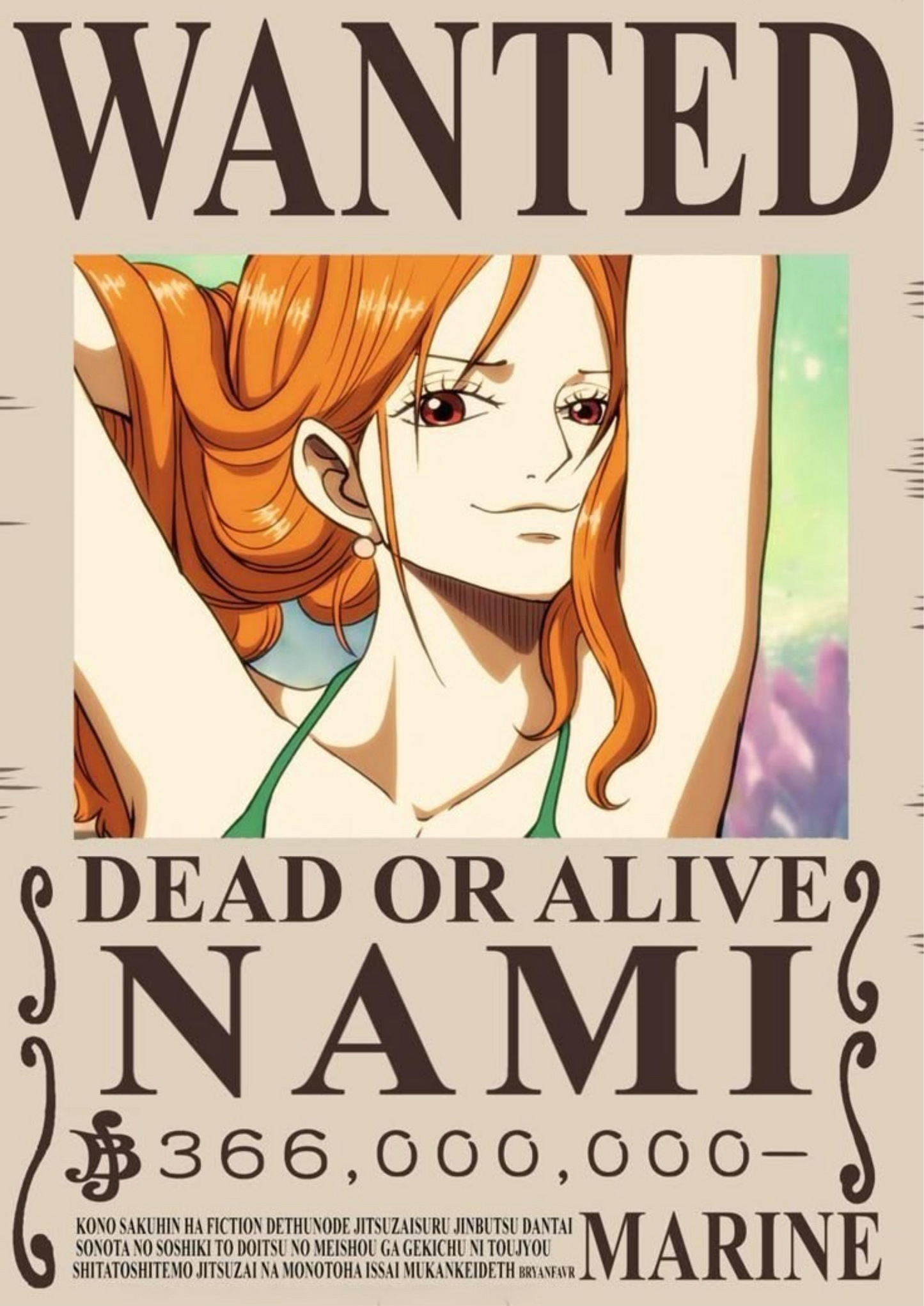 Wanted poster print of anime Nami with orange hair and "Dead or Alive"