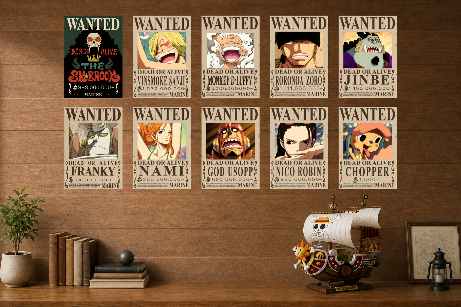 Set of ten "WANTED" anime poster prints with multiple character designs