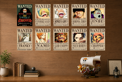 Set of ten "WANTED" anime poster prints with multiple character designs