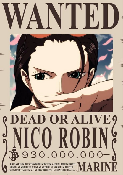 Wanted poster print of anime Nico Robin with dark hair and "Dead or Alive"