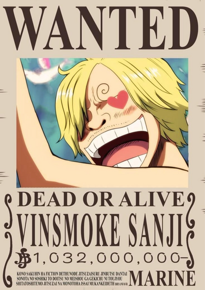 Wanted poster print of anime Vinsmoke Sanji laughing with blond hair and "Dead or Alive"
