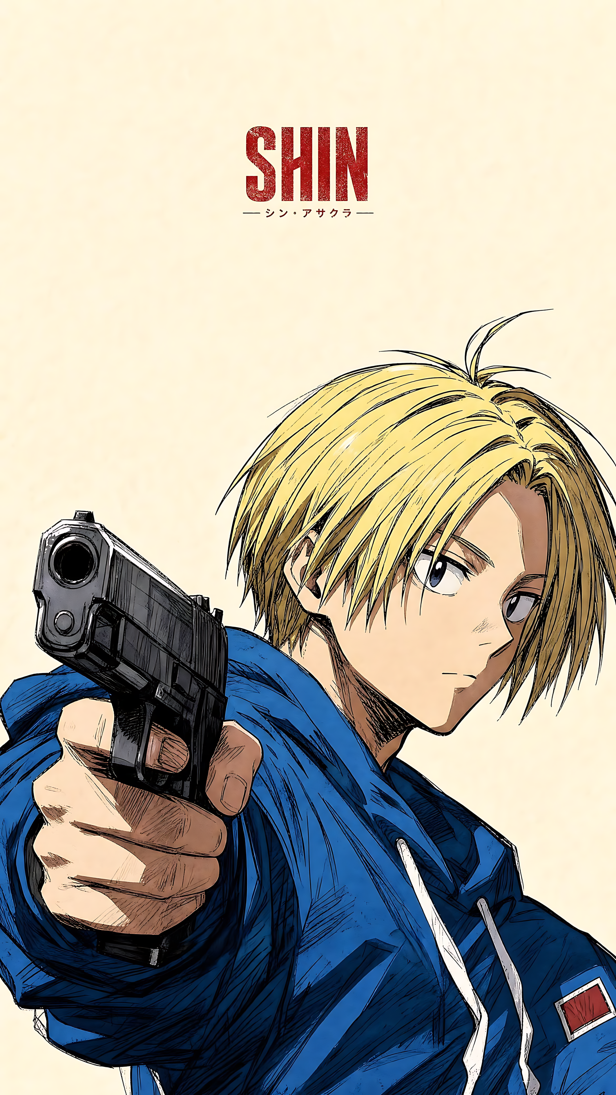 Blue hoodie character poster: Shin Asakura aiming a pistol, blonde hair close-up