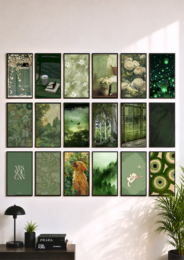Set of glossy aesthetic postcard prints with green-toned artwork in a grid