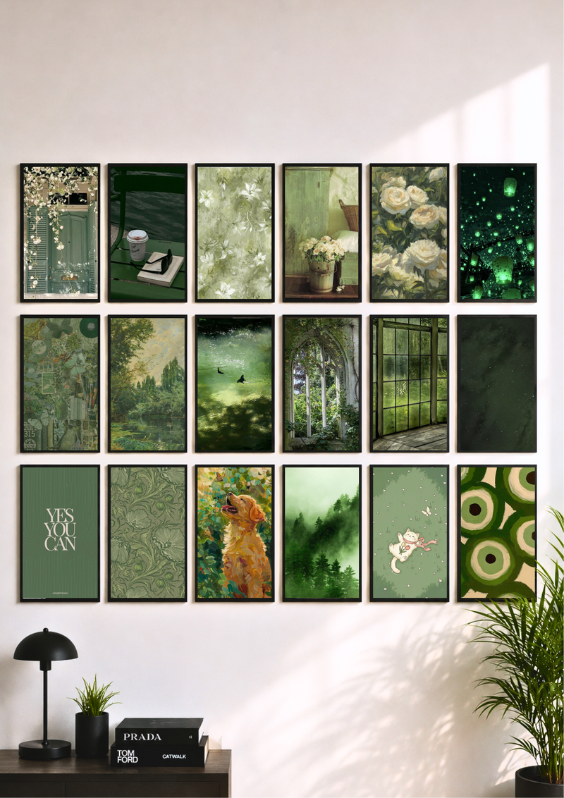 Set of glossy aesthetic postcard prints with green-toned artwork in a grid