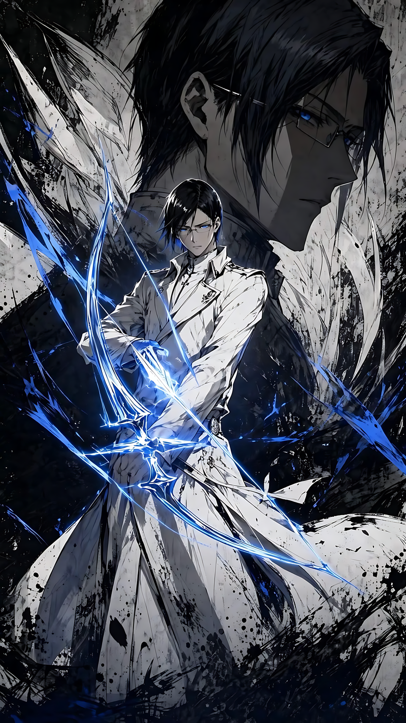 Anime poster print of Quincy Archer with white outfit and blue glowing energy blades