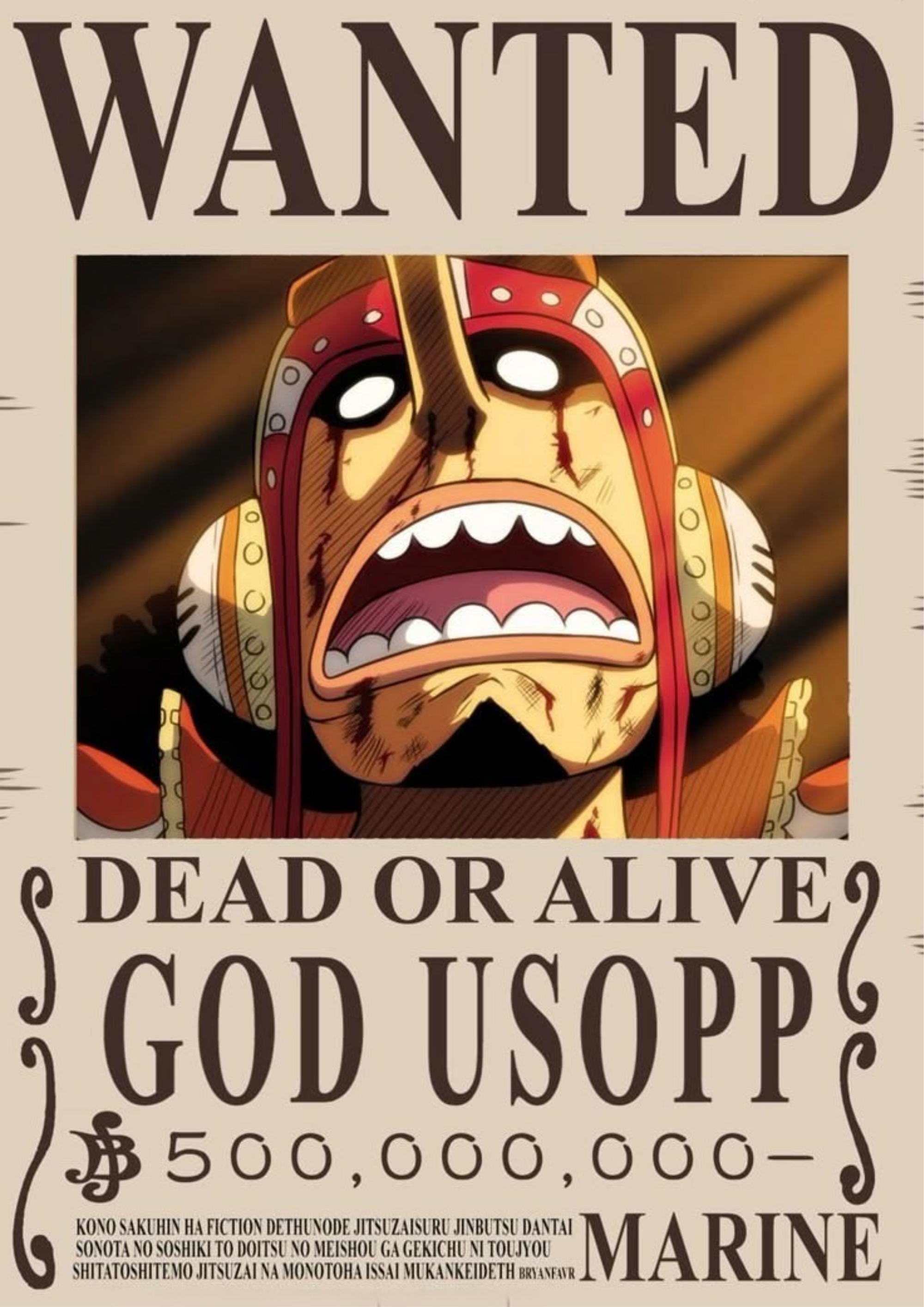 Wanted poster print with bold text DEAD OR ALIVE, GOD USOPP, and Marine banner