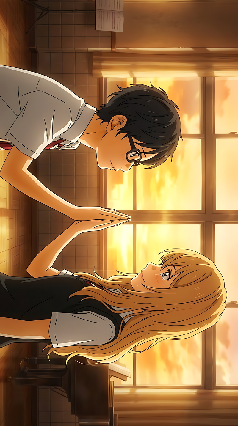 Anime-style poster illustration of two characters leaning close with warm golden lighting