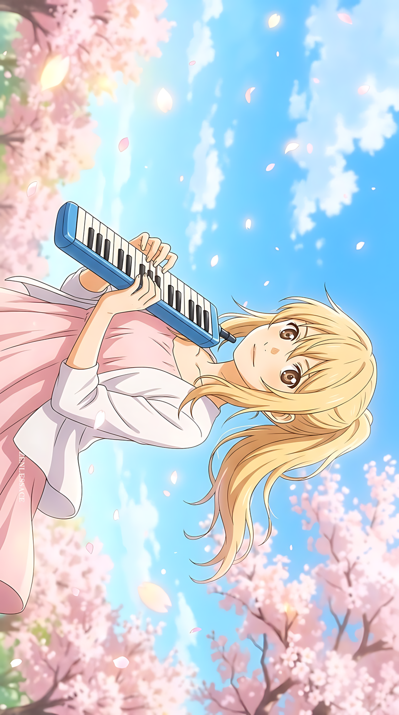 Anime melody poster print of a blonde character playing a blue keyboard melodica