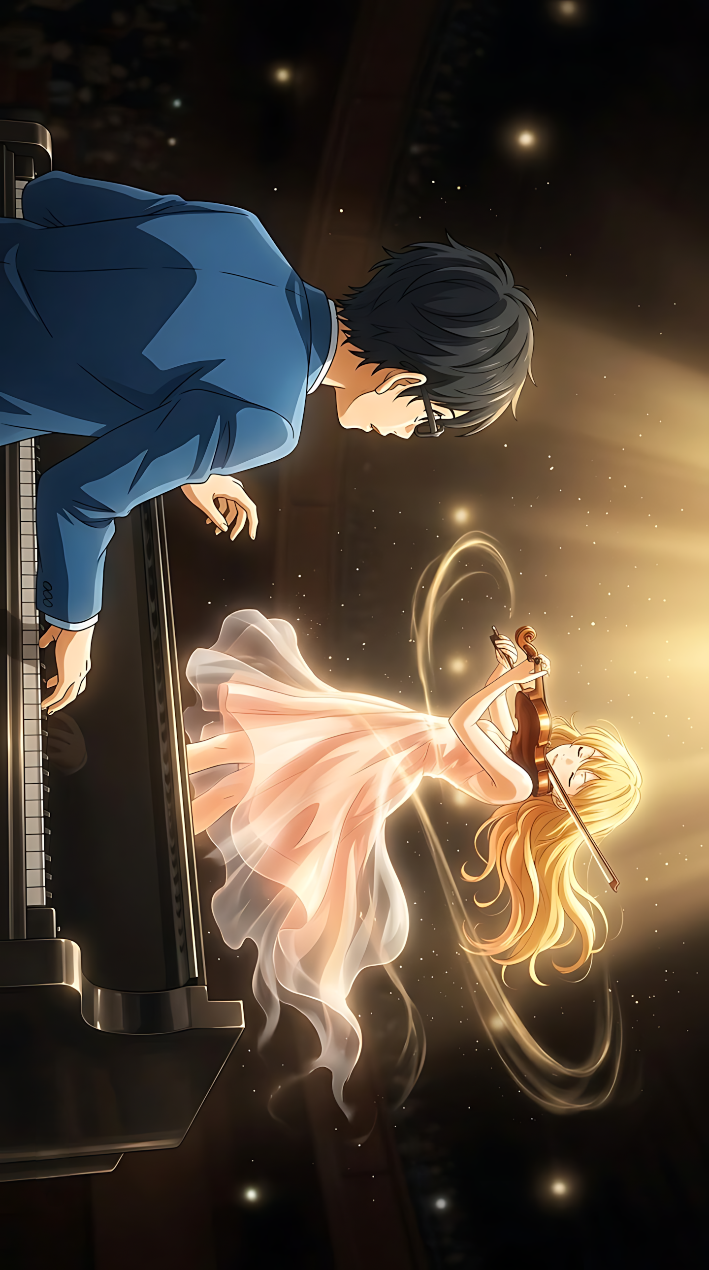 Anime duet poster: blue coat character, glowing energy burst, and floating figures