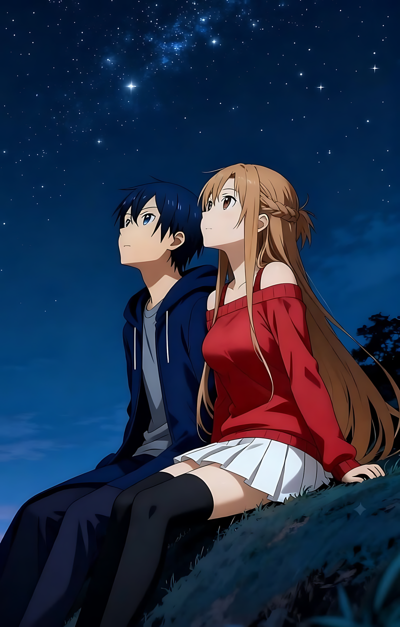 Anime poster of two characters seated on a hillside under a starry night sky