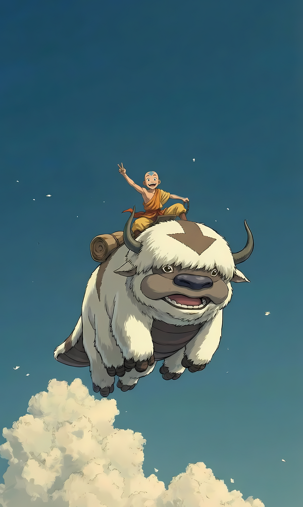 Colorful poster of Aang riding Appa in the sky with fluffy clouds and motion lines