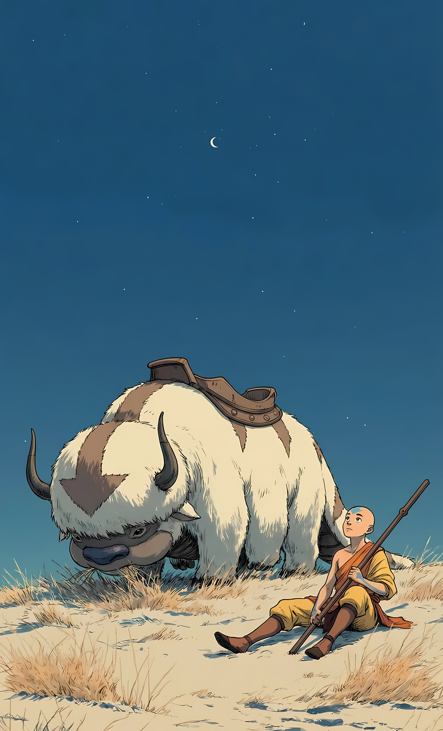 Starlit poster featuring Aang kneeling with Appa beside him
