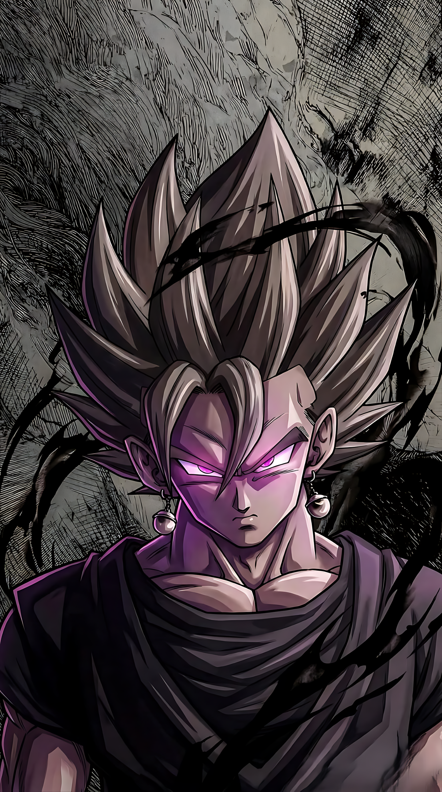Close-up anime character poster with spiky dark hair, purple armor, glowing magenta eyes