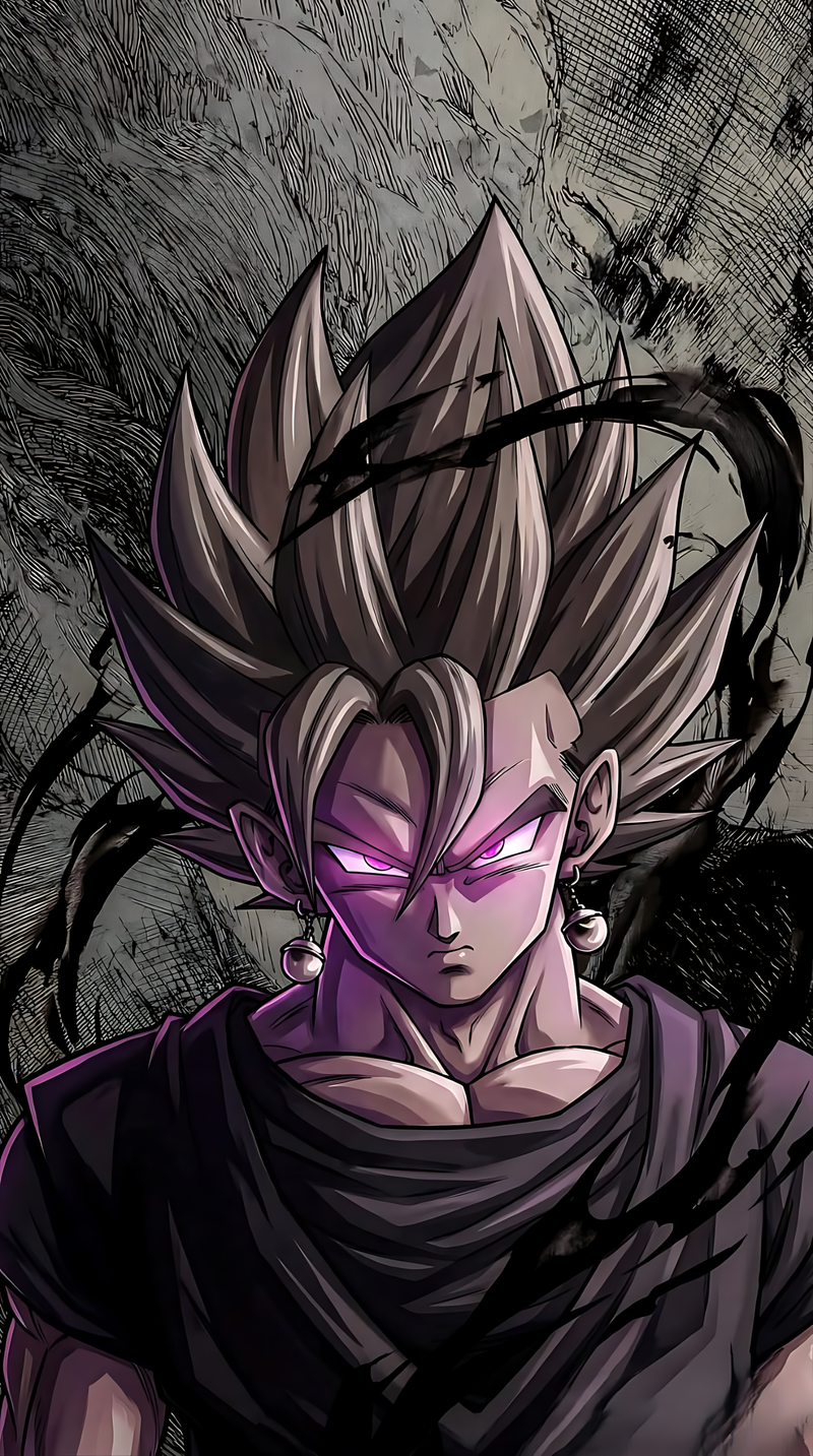 Close-up anime character poster with spiky dark hair, purple armor, glowing magenta eyes