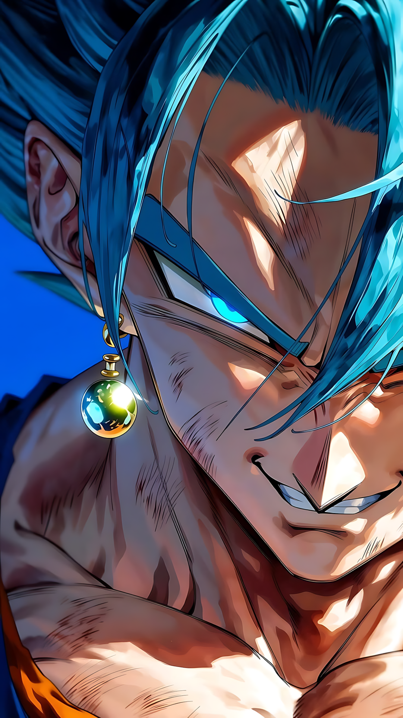 Blue-haired anime warrior gloss poster close-up with glowing visor and gold earring