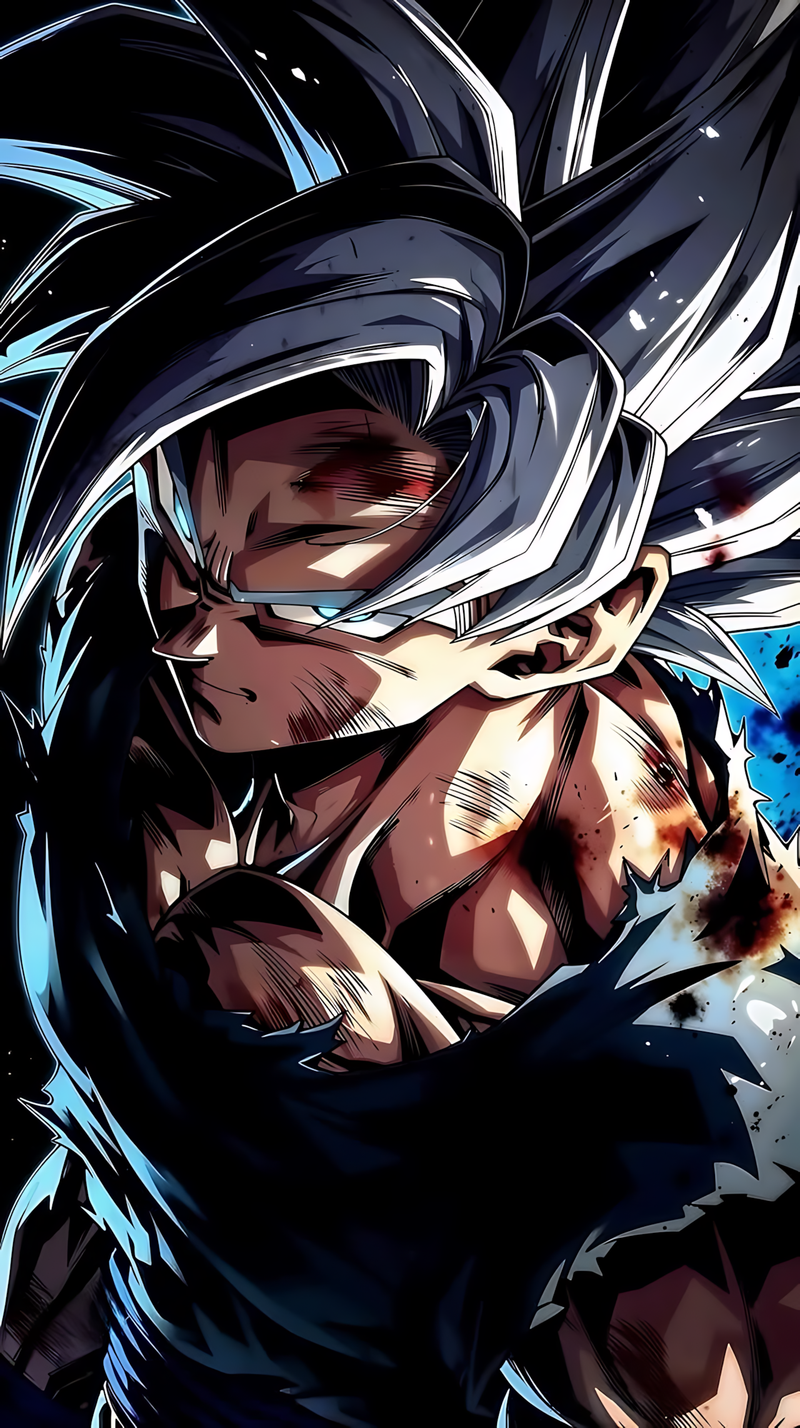 Anime wall poster of Goku in white battle suit with blue energy, action pose