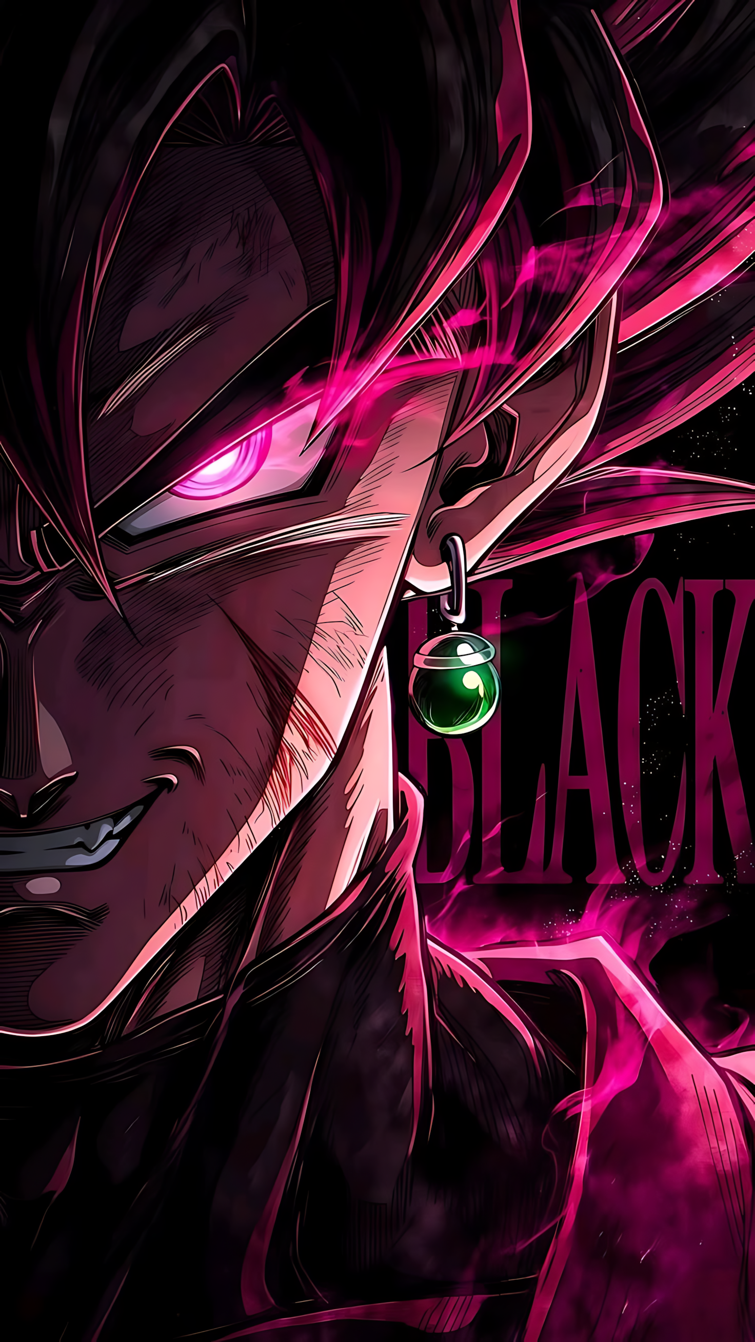 Goku Black anime poster with glowing magenta aura and green eye