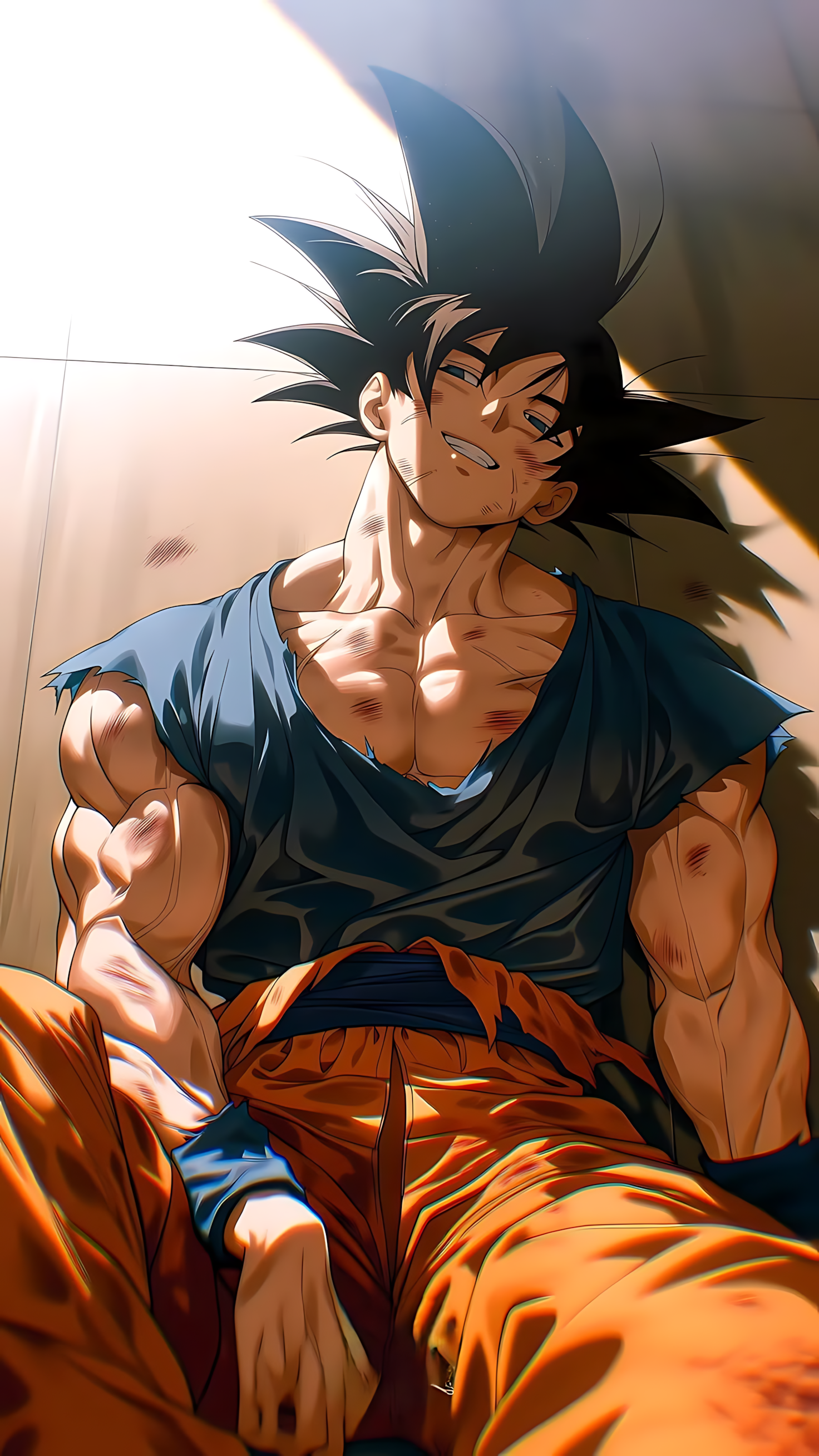 Anime Goku wall poster, spiky black hair, blue shirt and orange pants in action pose