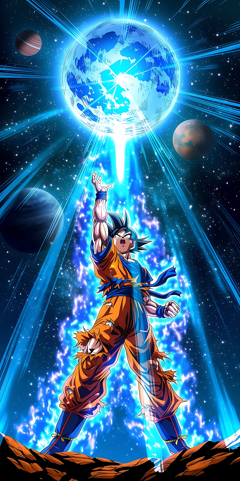 Anime poster with giant blue energy sphere and light rays, action stance, glossy print