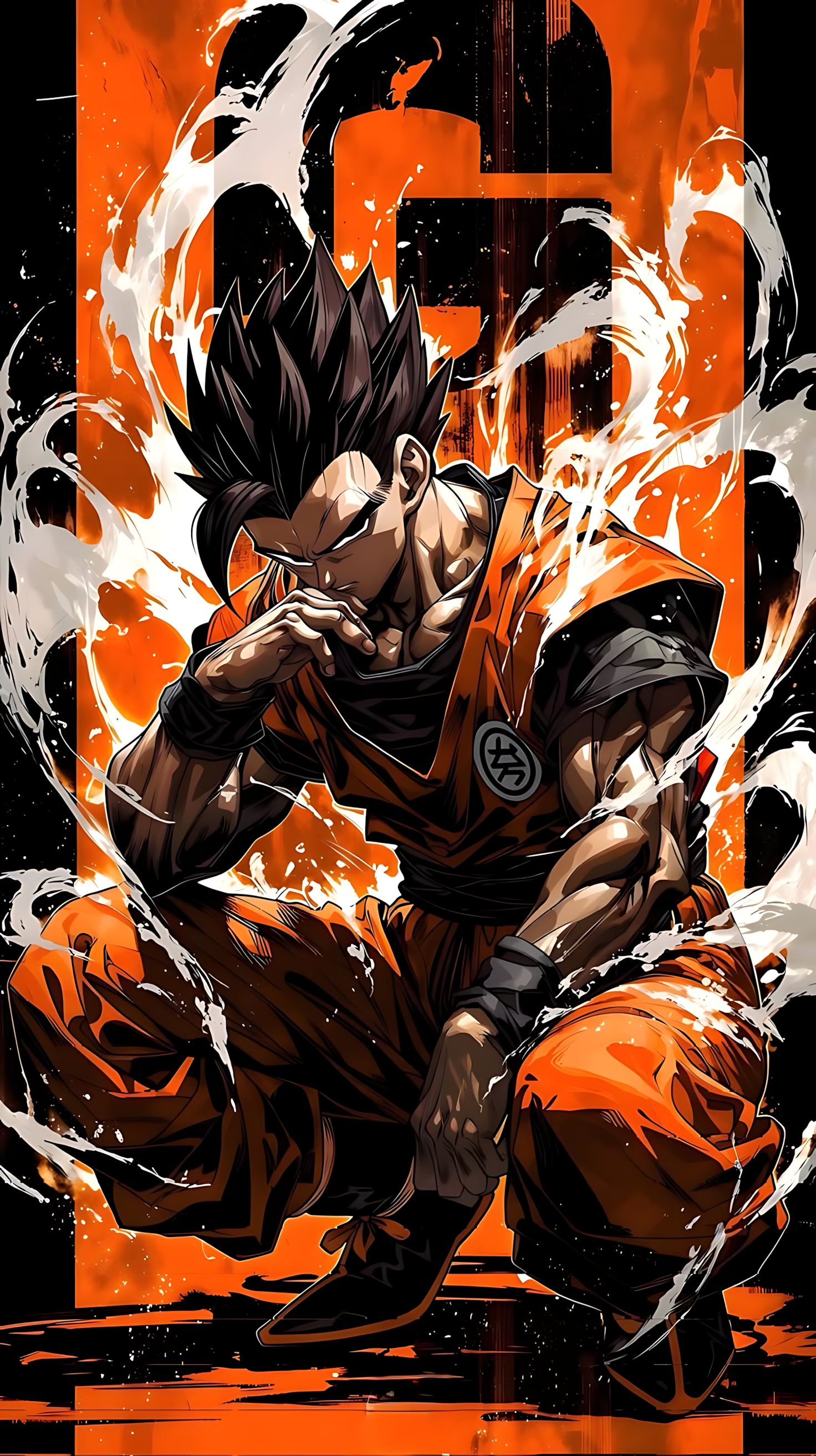 Black-haired anime warrior poster with orange energy burst, dynamic crouching pose