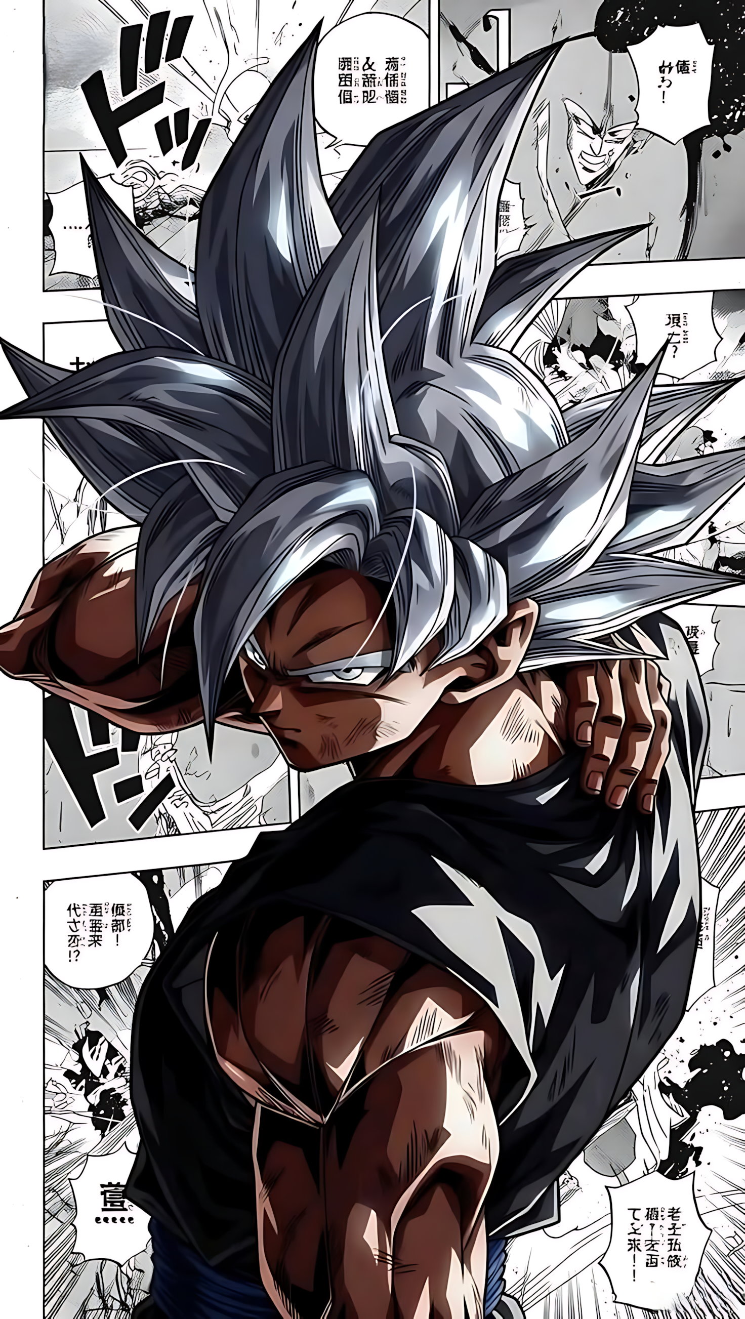 Monochrome manga panel poster featuring a blue-haired martial artist in a dynamic pose