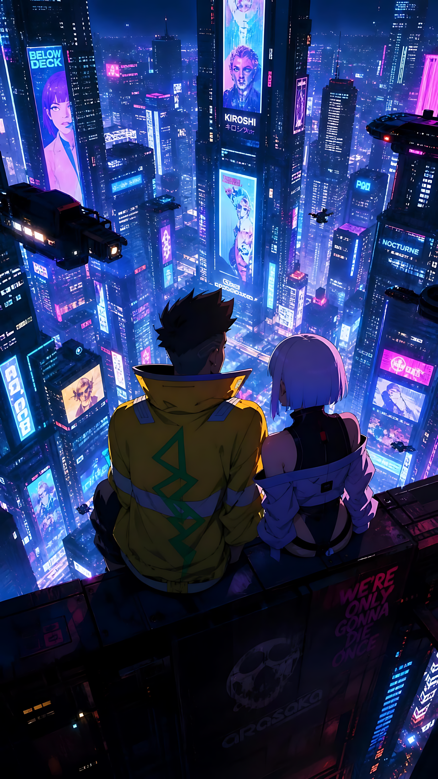 Cyberpunk night city horizon poster with two characters overlooking neon skyscrapers