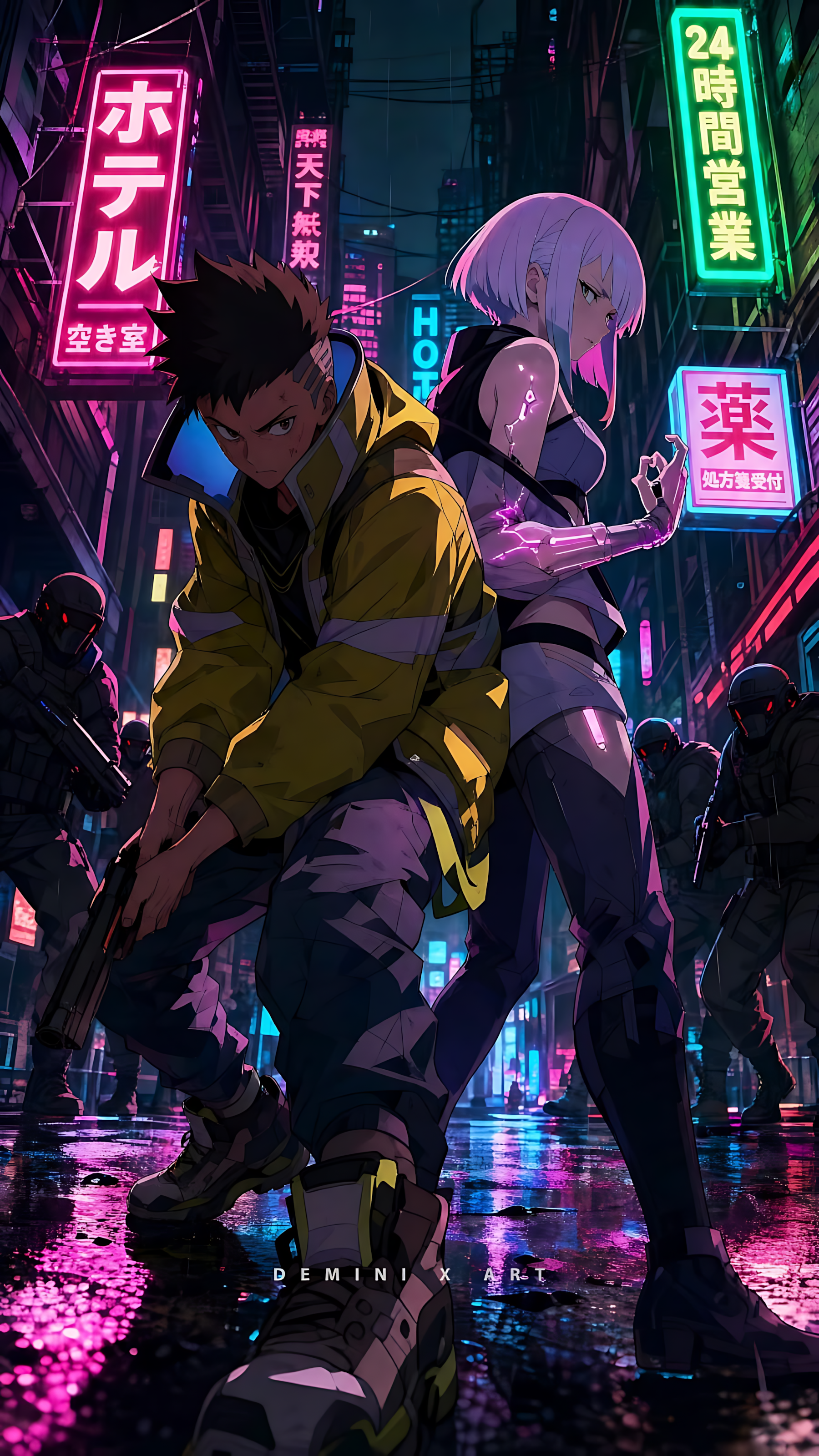 Neon cyberpunk stand-off poster featuring two characters in dark coats, glowing city lights