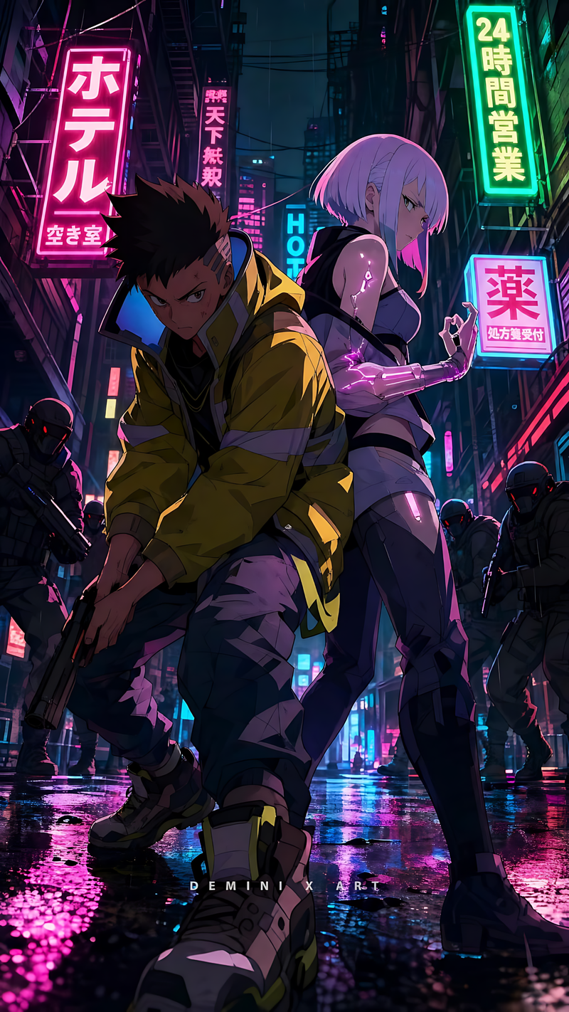 Neon cyberpunk stand-off poster featuring two characters in dark coats, glowing city lights